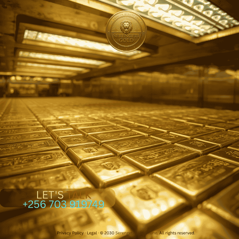 Refined gold bullion bars being securely stacked and stamped inside an East African certified refinery vault.