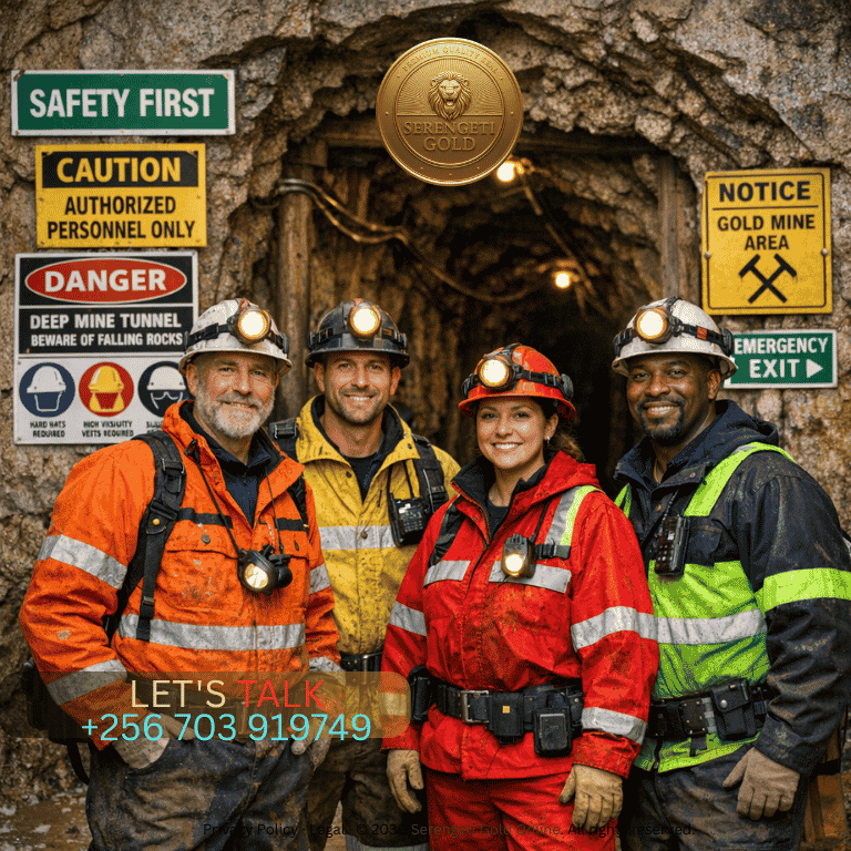 Safety-equipped miners wearing helmets with headlamps and protective gear standing at the entrance of an underground gold mine tunnel, with safety signage visible in the background (1)