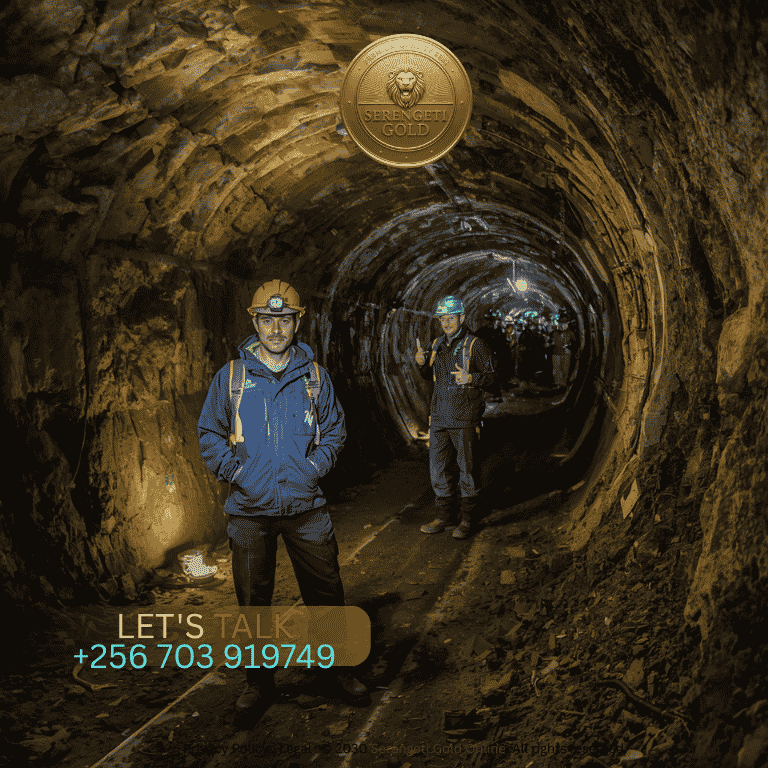 Safety-equipped miners wearing helmets with headlamps and protective gear standing at the entrance of an underground gold mine tunnel, with safety signage visible in the background