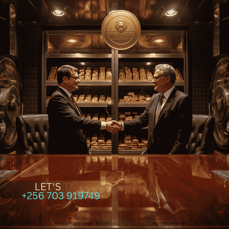 Two business executives shaking hands across a polished desk in a high-security vault surrounded by gold bullion bars.